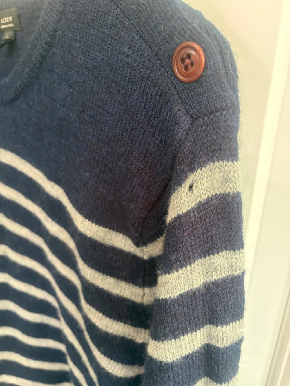 J. Crew womens Navy and White Striped merino wool Button-Shoulder Sweater. - Picture 6 of 13